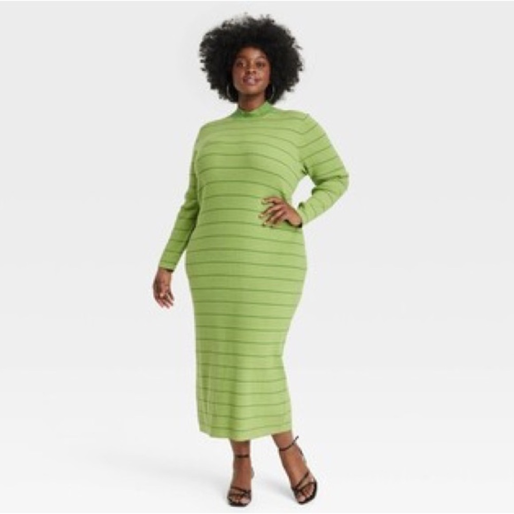 Size L Chic Green Striped Long Sleeve Dress